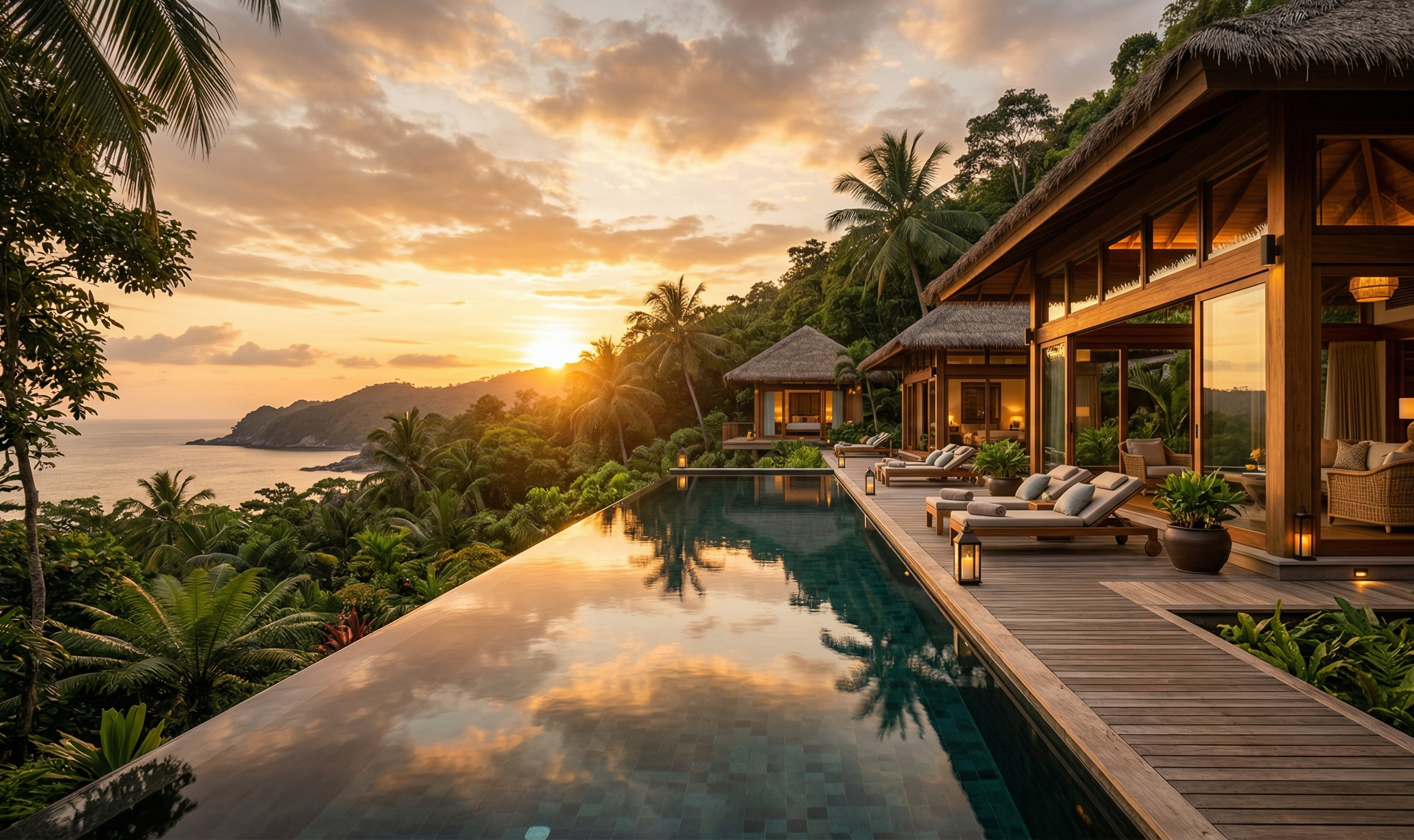 Luxury resort exterior at golden hour